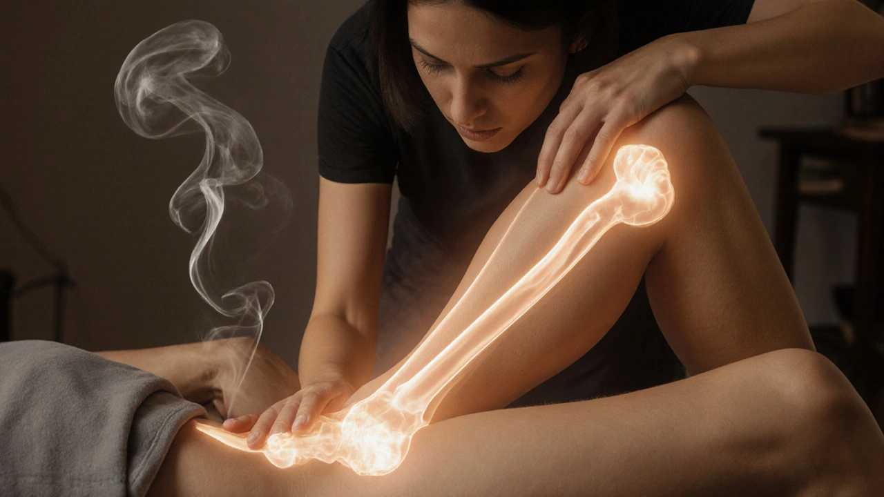 Masér provádí holistickou masáž, přičemž energie proudí od nohy k rameni klientky.