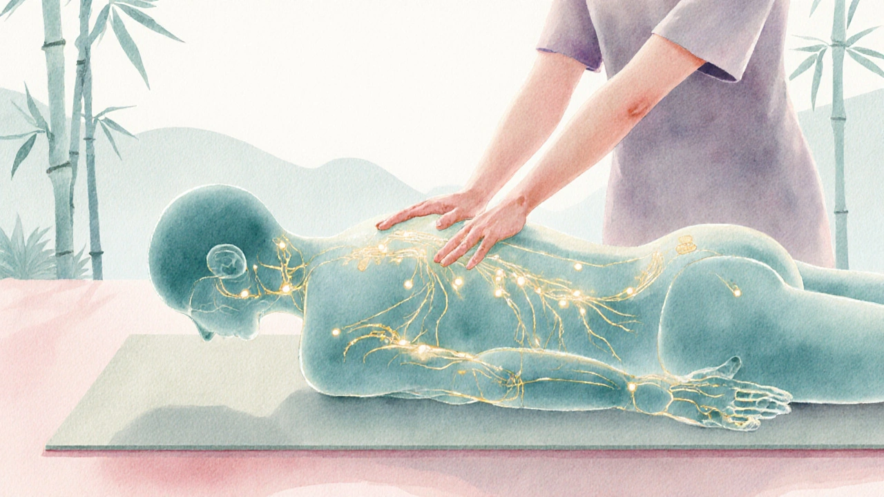 Poloprůhledná postava s jasně zobrazovanými energetickými liniemi a akupresurními body během masáže.