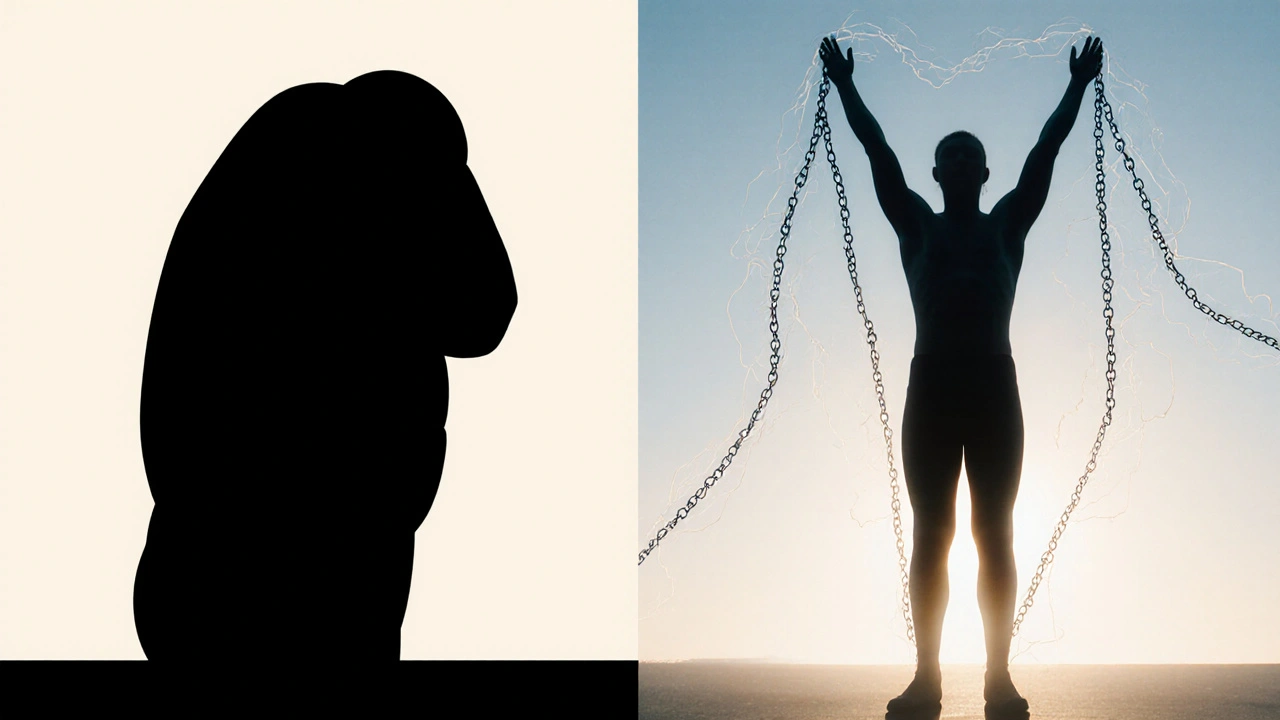 Porovnání před a po: zatuhlá postava vs. uvolněná, volně se pohybující postava.