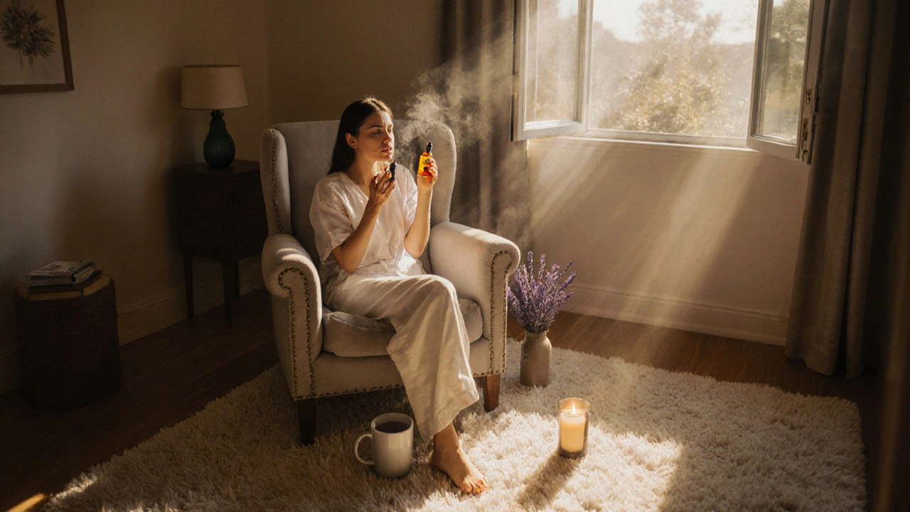 Žena po masáži nanáší vitamín C sérum v domácím prostředí s čajem a svíčkou.