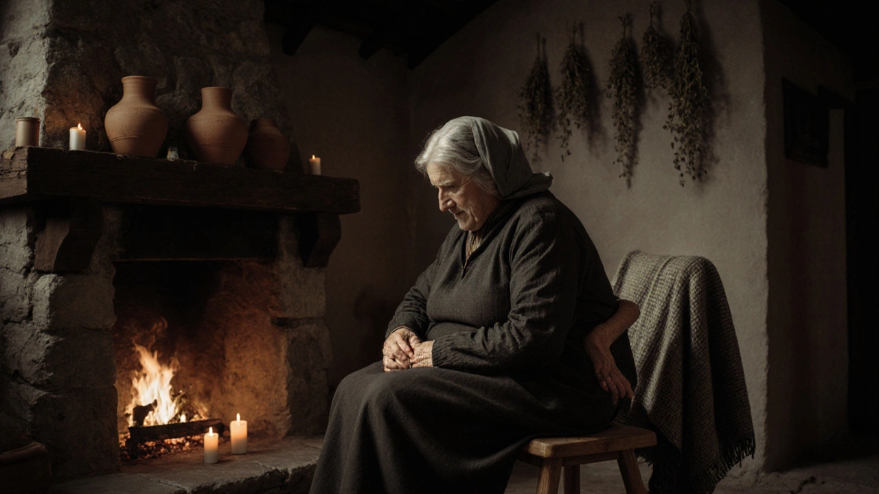 Babička masíruje mladou matku v rakouské venkovské domácnosti teplým olejem v klidné atmosféře.