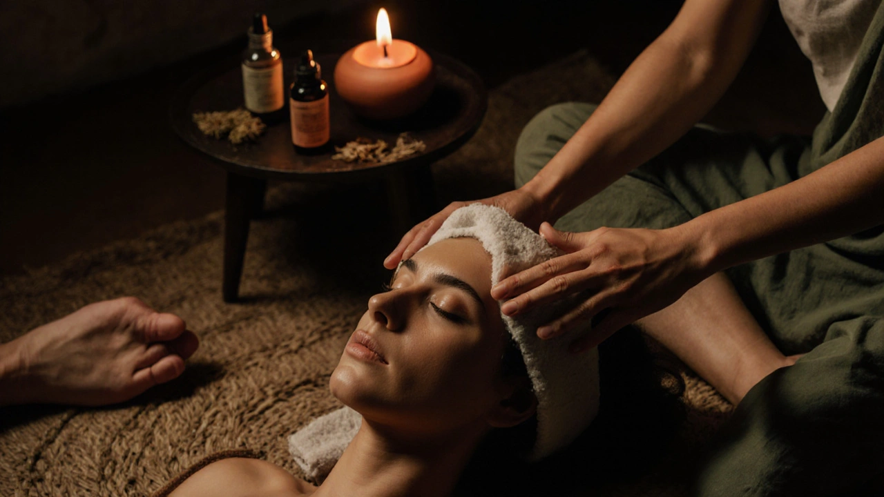 Člověk si doma provádí denní masáž hlavy s olejem, klidná večerní atmosféra s teplým osvětlením.