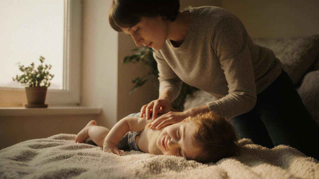 Kojenec leží na bříšku, rodič ho jemně masíruje záda.