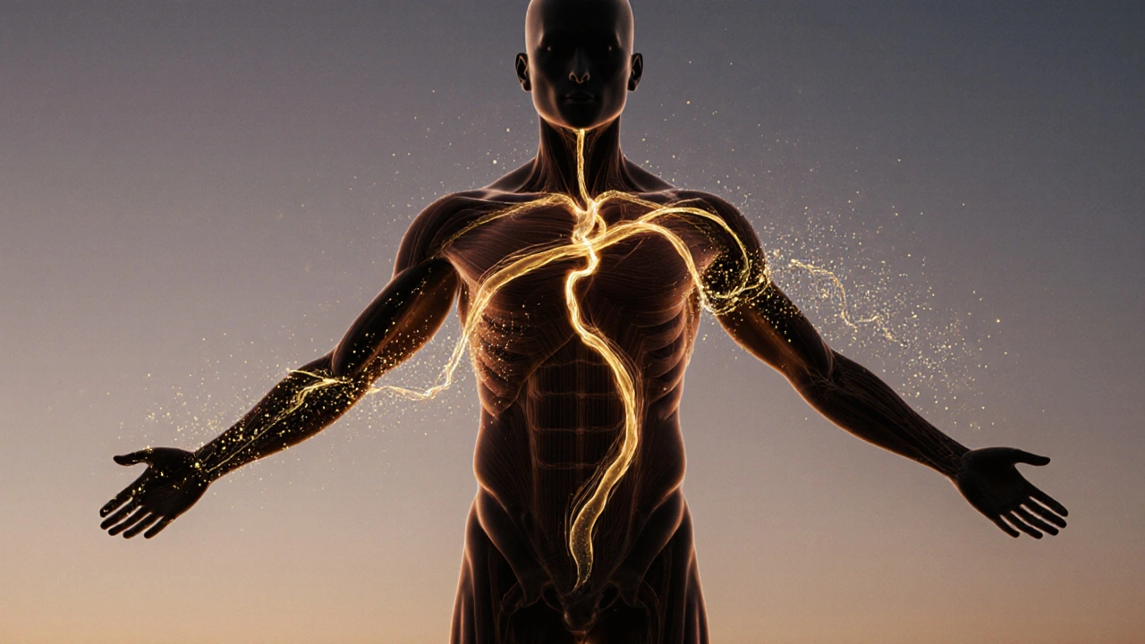 Krevní oběh a uvolnění svalů jako zlaté proudy v těle.