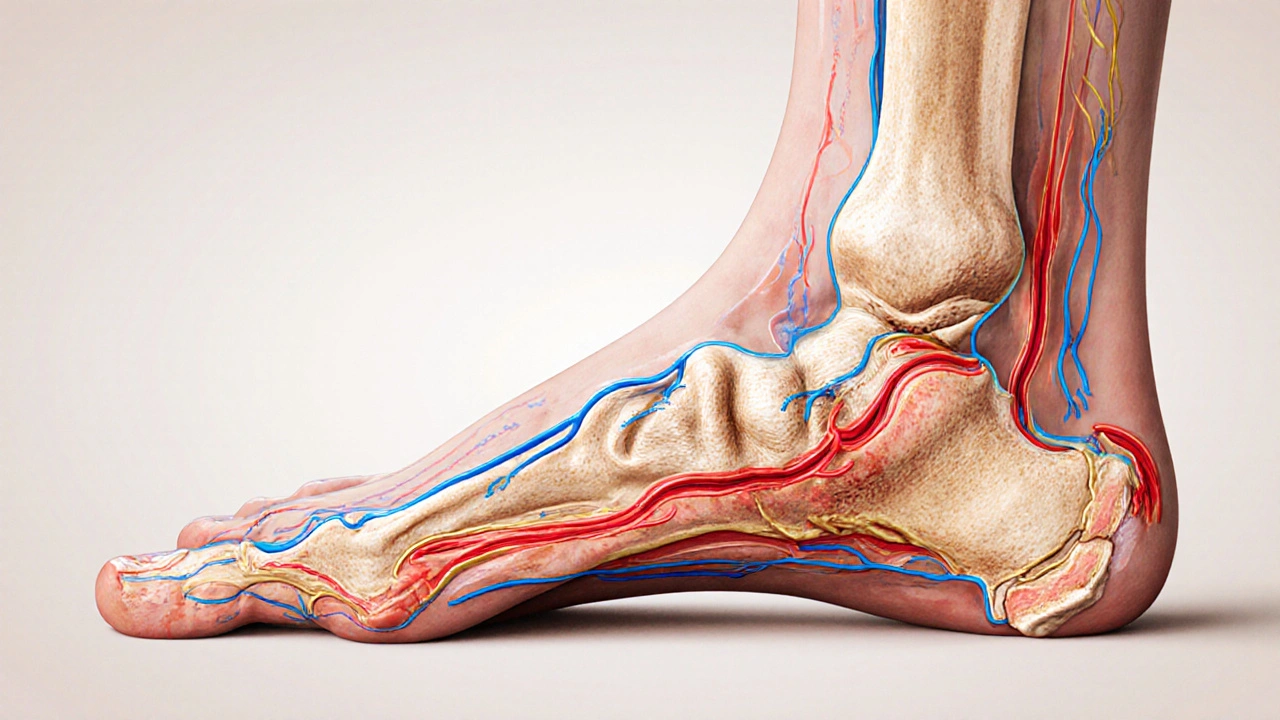 Křížový řez nohy ukazující zlepšení krevního oběhu a uvolnění pojiv při zdravotní masáži.