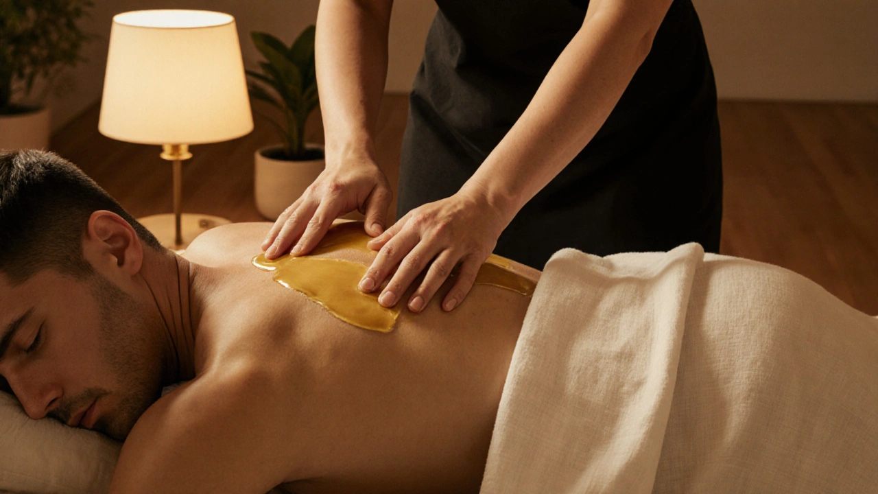 Masér provádí klasickou masáž na zádech a ramenách pacienta.