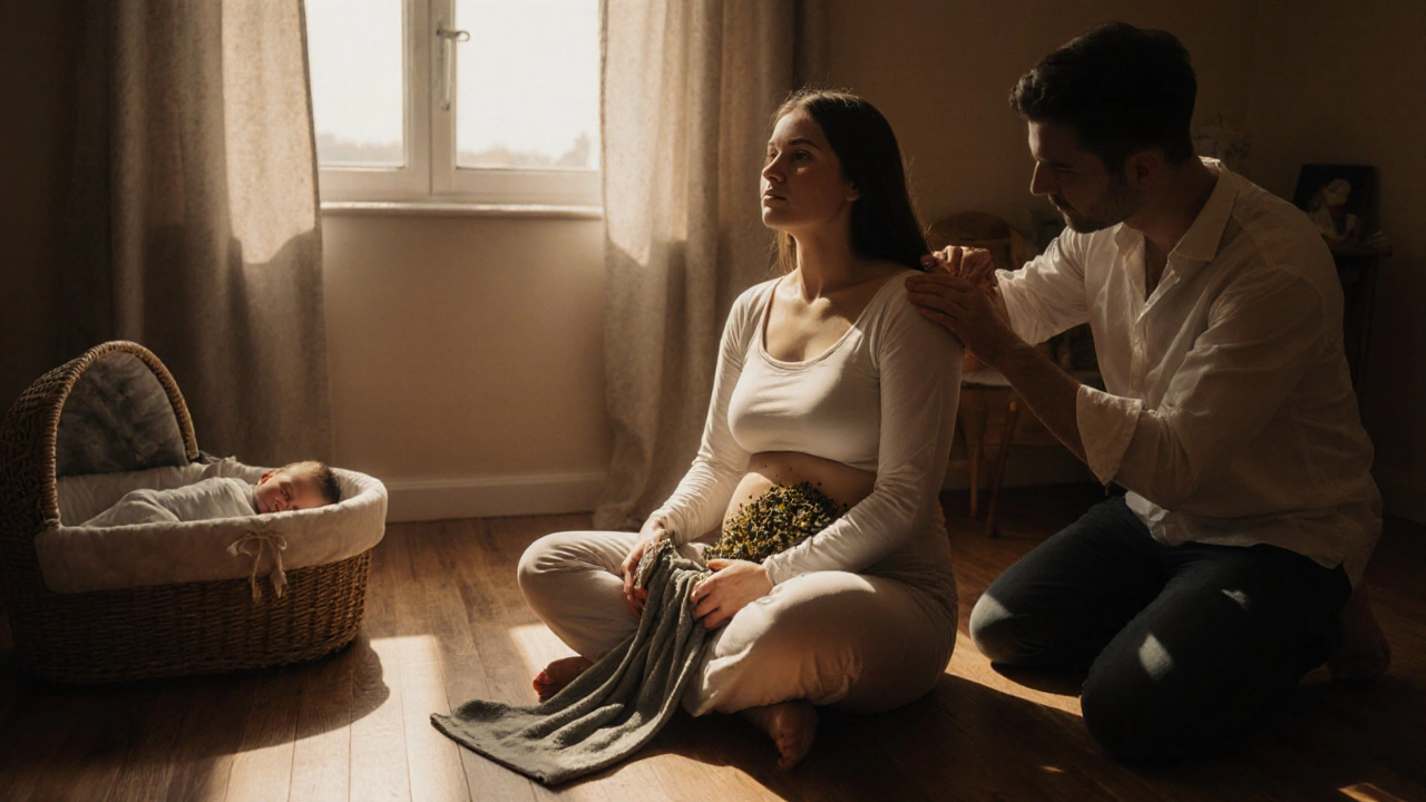 Matka a její partner masírují břicho doma v teplém světle večera.