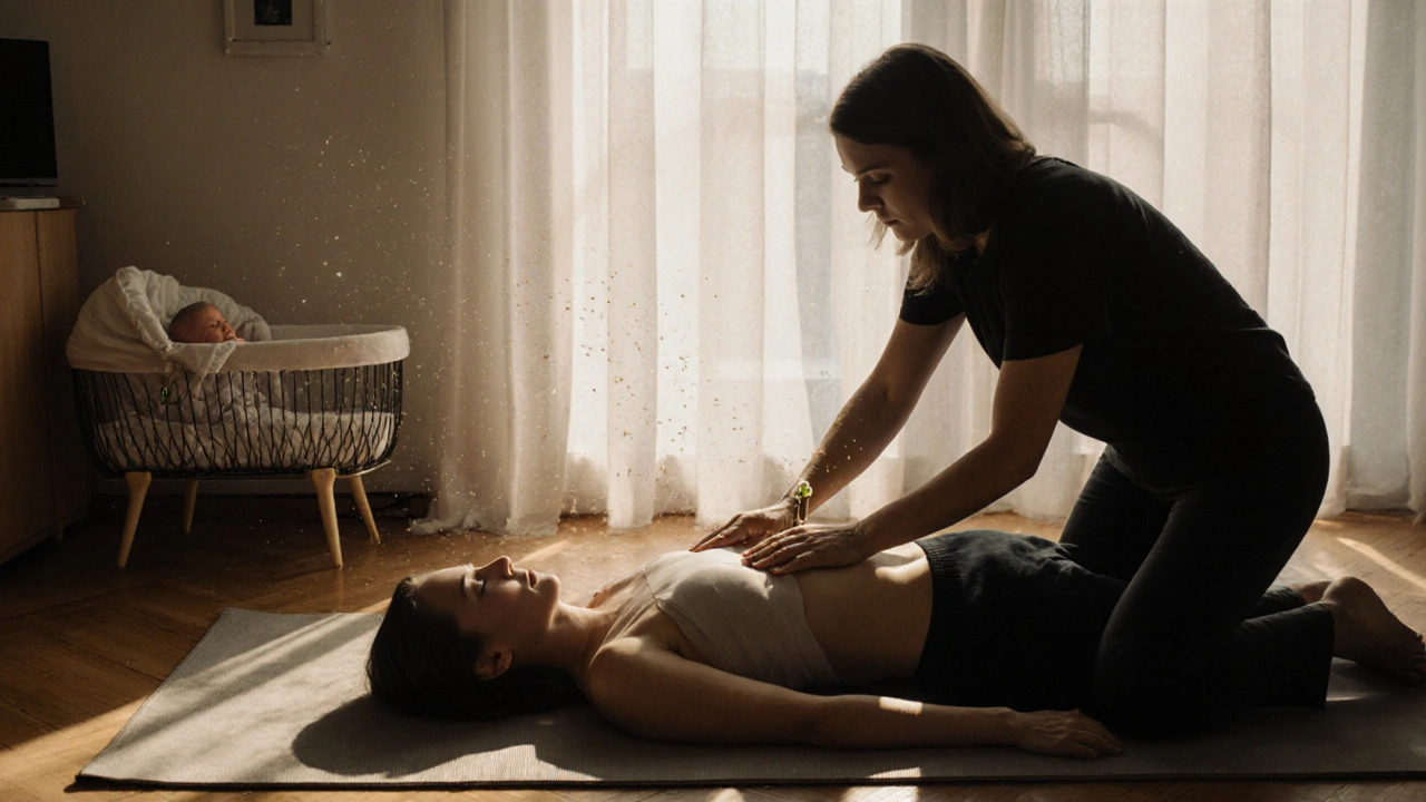 Moderní matka v Česku si nechává masírovat břicho doma teplým přírodním olejem v klidné, slunečné místnosti.