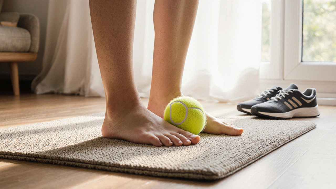 Osoba si doma uvolňuje nohu pomocí tenisového míčku, symbolizující denní péči o bolestivé nohy.