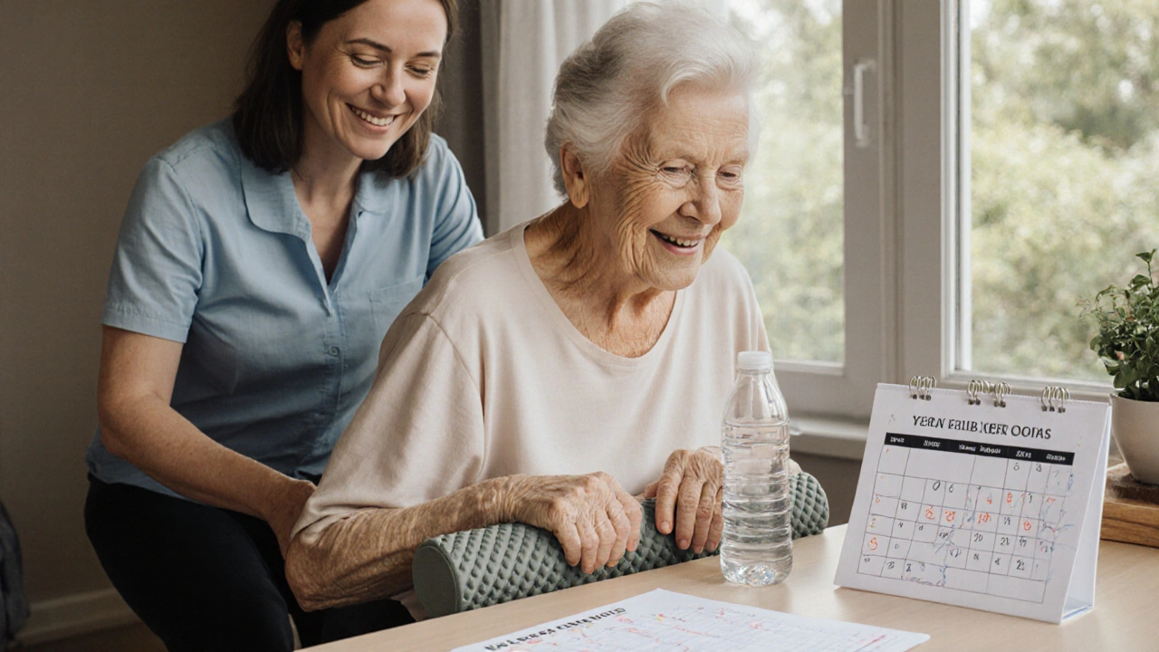 Starší žena dělá domácí cvičení s valícím válkem podle pokynů fyzioterapeuta.