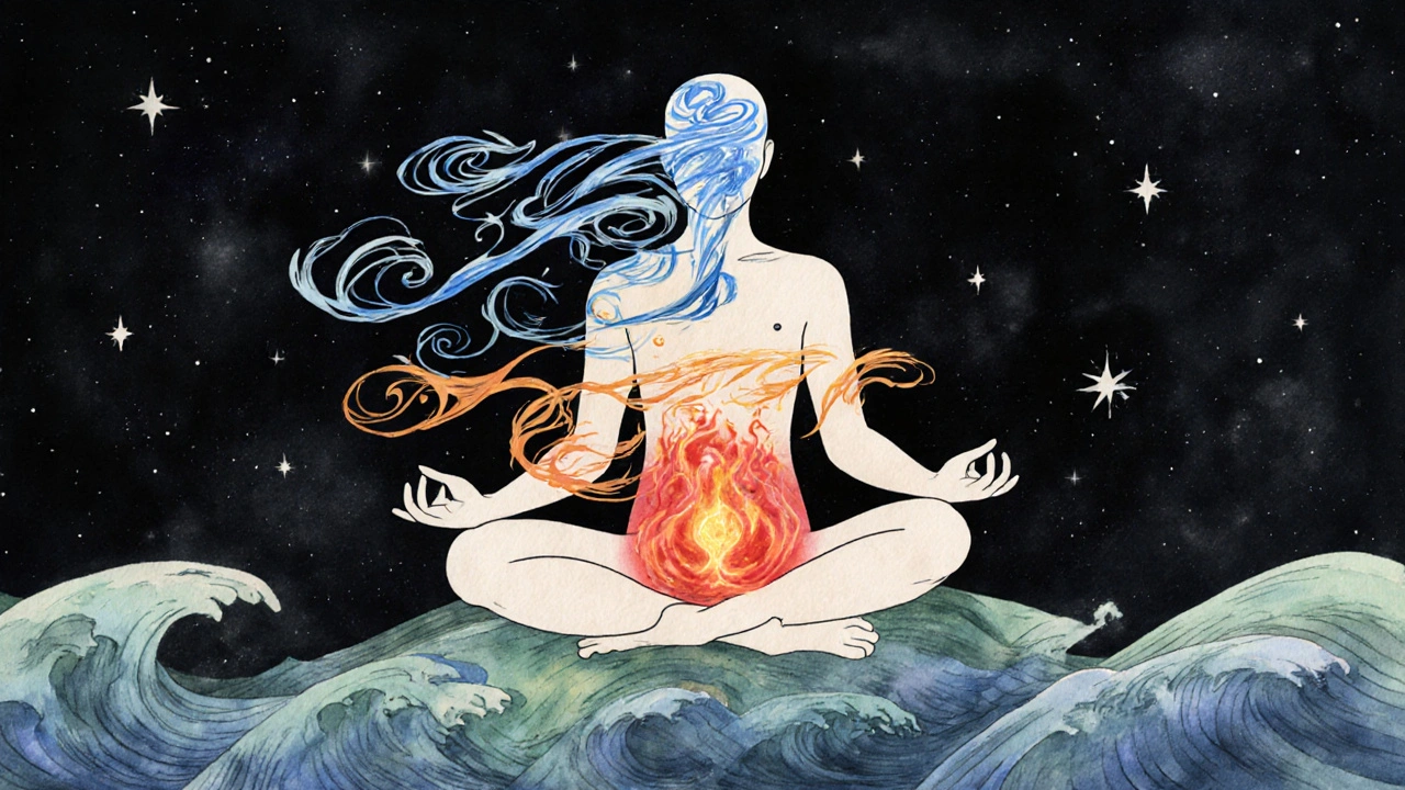 Tři energetické typy Dosha znázorněny jako proudy energie v lidském těle s barvami a tvary.