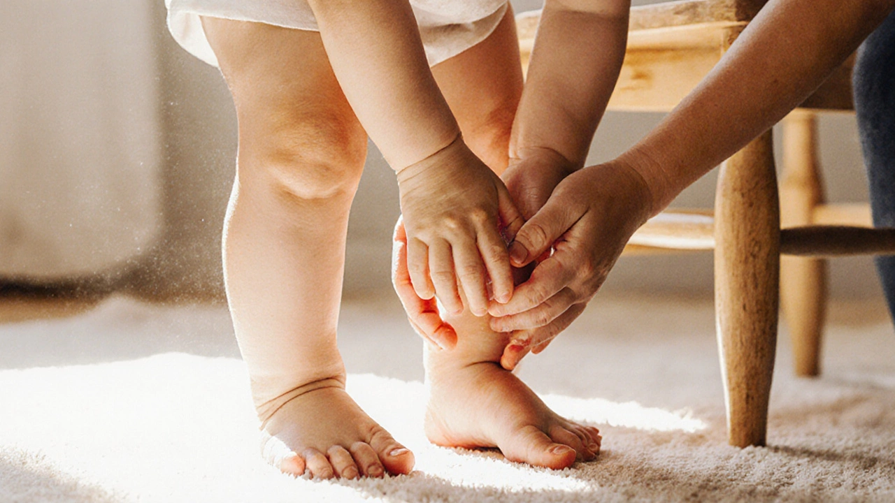 Tříleté dítě dostává masáž nohou, drží se za židli.
