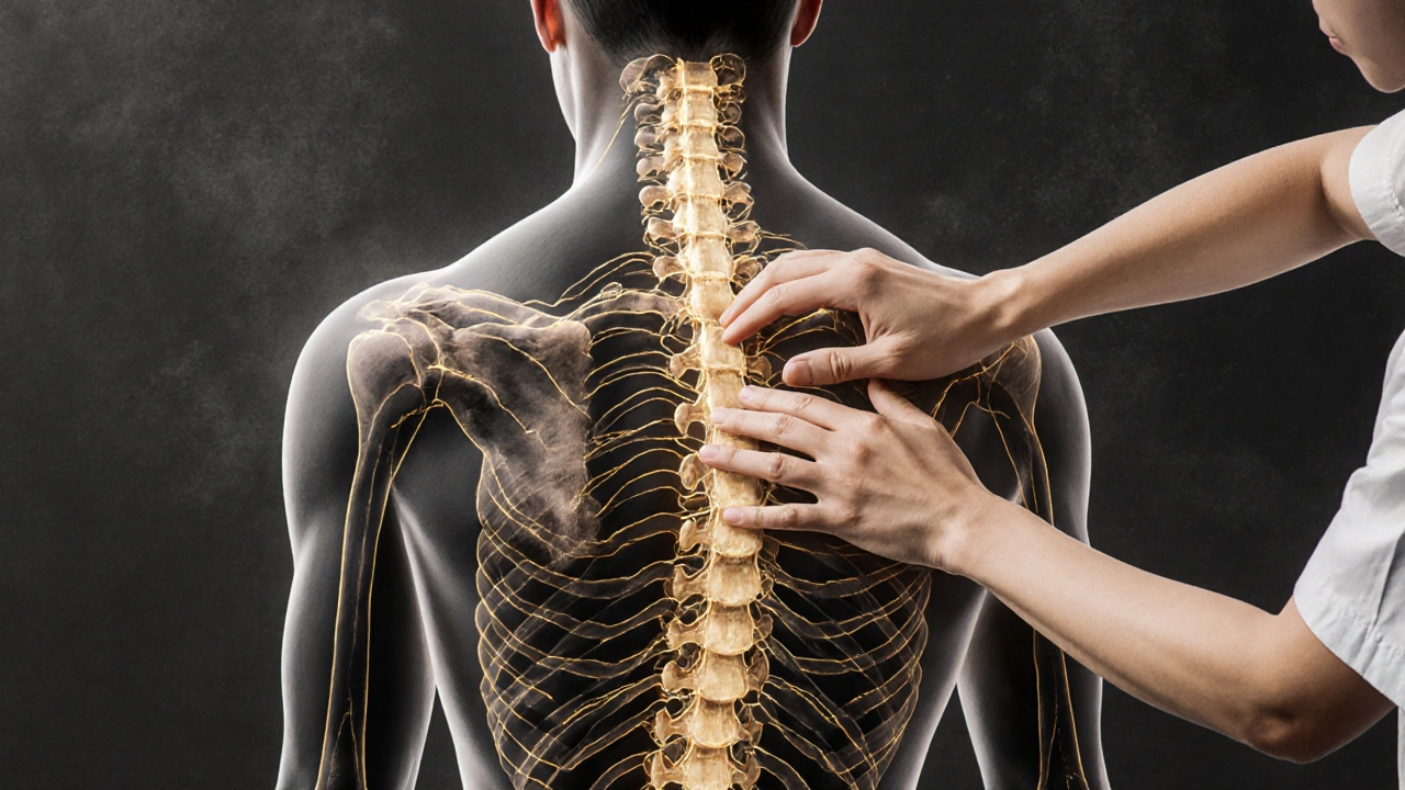 Umělecké znázornění energetických kanálů qi v těle s rukama maséra.