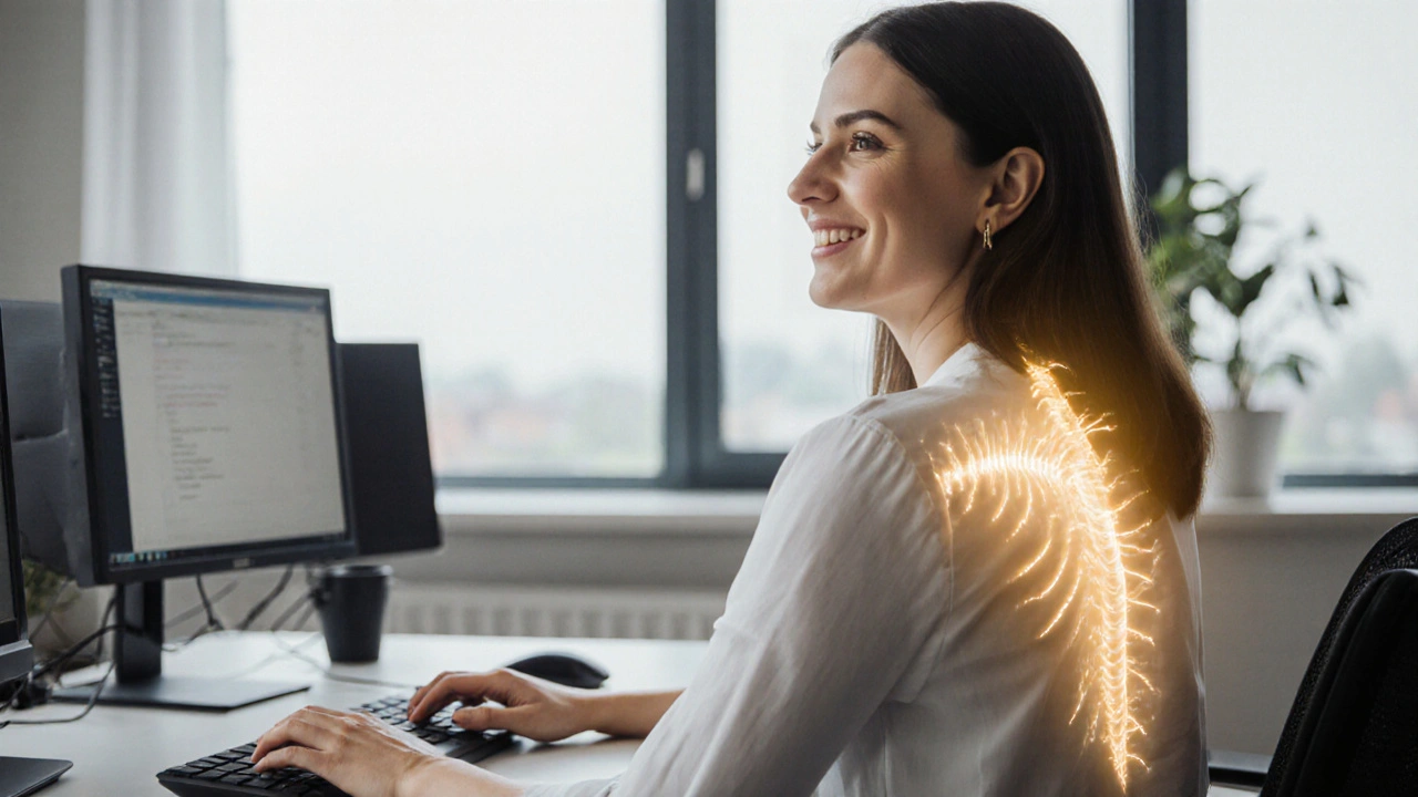 Žena v kanceláři se cítí uvolněná po čínské masáži, záda bez bolesti.