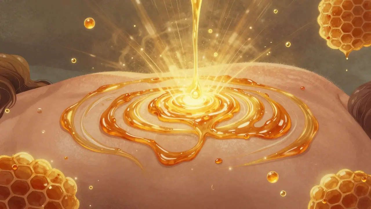Abstraktní znázornění medu vstřebávaného kůží s zlatými vlnami a plástvemi.