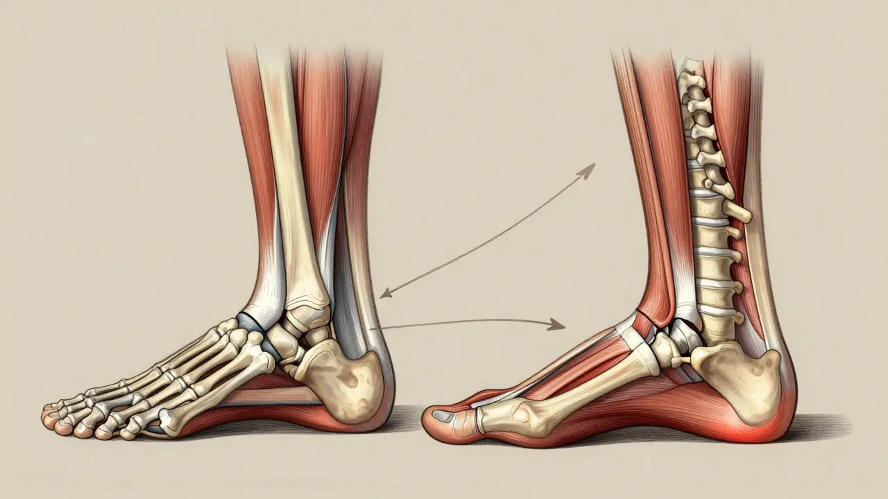 Ilustrace vlivu propadlé klenby na celé tělo: noha, koleno, kyčle a páteř.
