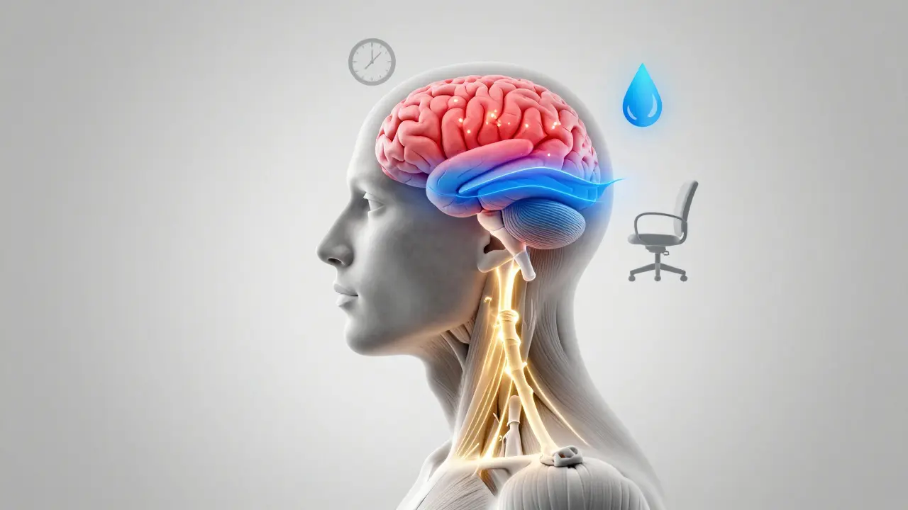 Koncepční znázornění uvolnění napětí v krku a čelisti, které uklidňuje bolest v mozku.