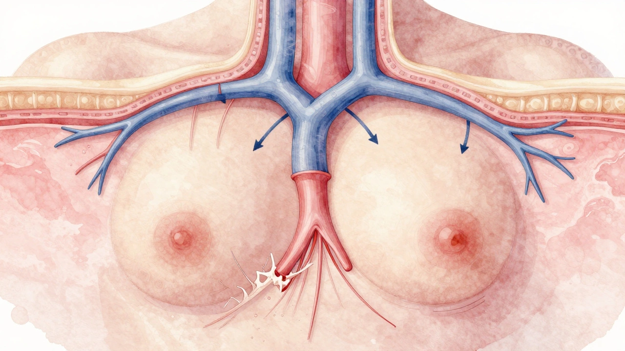 Křížový řez kůže s krevními a lymfatickými cévami, které ukazují zvýšený tok tekutin pod vlivem podtlaku.