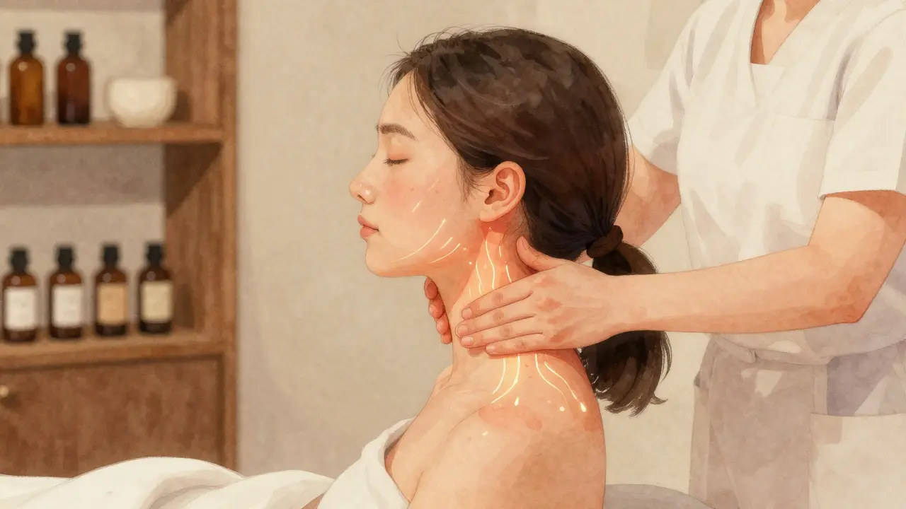 Odborník provádí cílenou masáž na krku a čelisti klienta v terapeutickém prostředí.