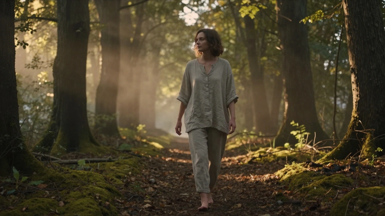 Osoba pomalu prochází lesní cestou po masáži, bosá na mchu, v zlatém světle večera.