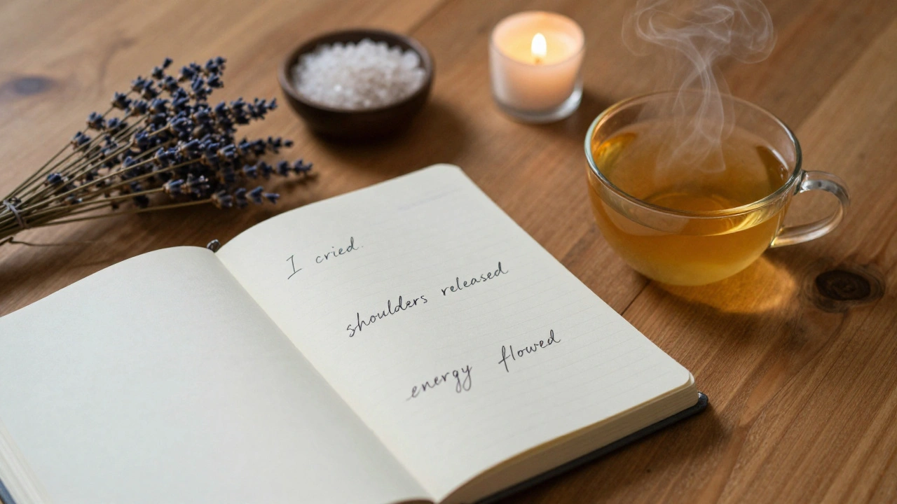Otevřený deník s rukou psanými poznámkami o emocích a bylinný čaj na stole po thajské masáži.
