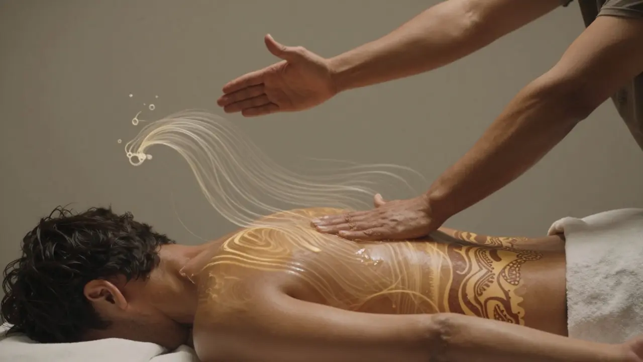 Plynulé pohyby rukou jako vlny nad tělem, symbolizující uvolnění emocí a energie.