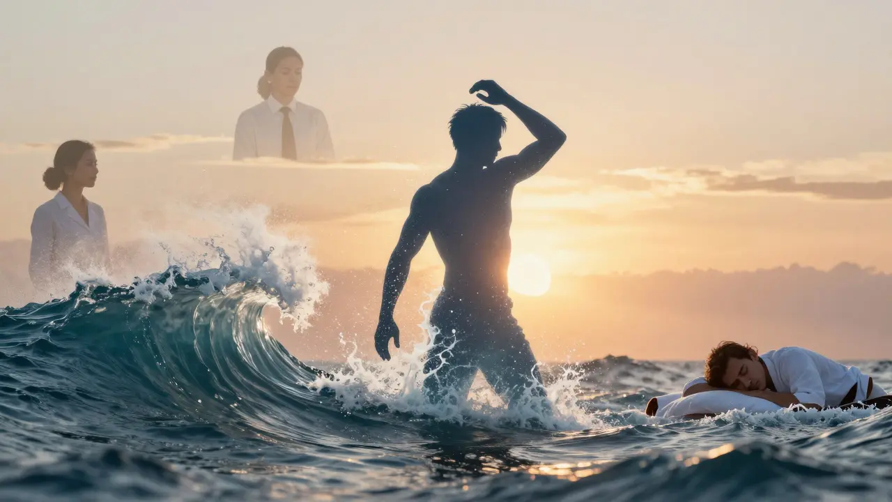 Postava se mění v oceánské vlny, z ní vystupují částice, znázorňující uvolnění stresu.