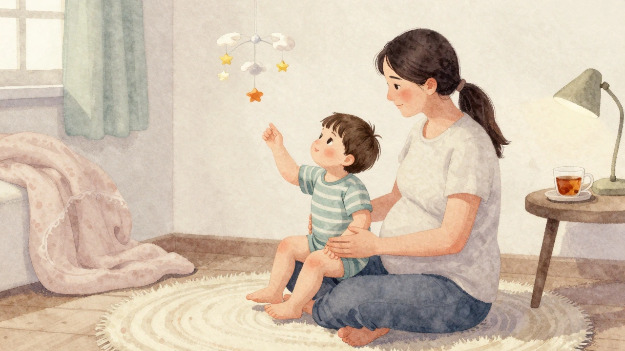 Rodič pomáhá batolati provádět pohyb nohou jako na kole.