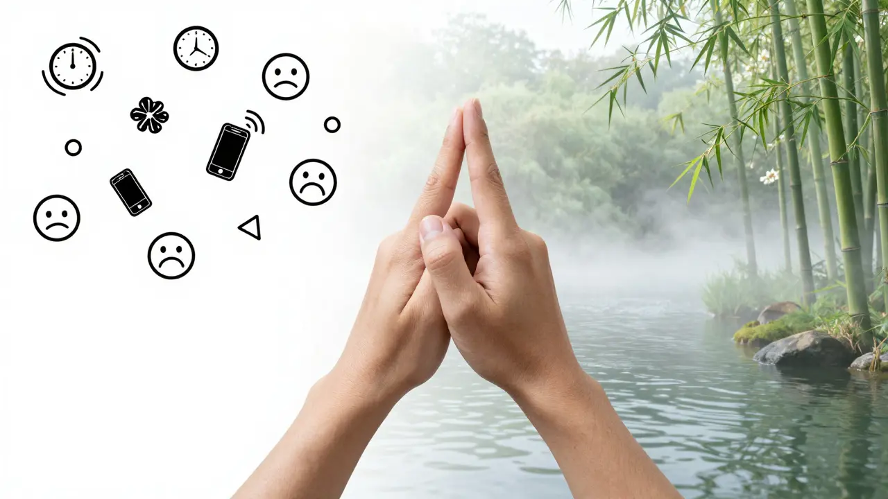 Ruce tlačí na bod He Gu, z jedné strany stres, z druhé klid a harmonie.