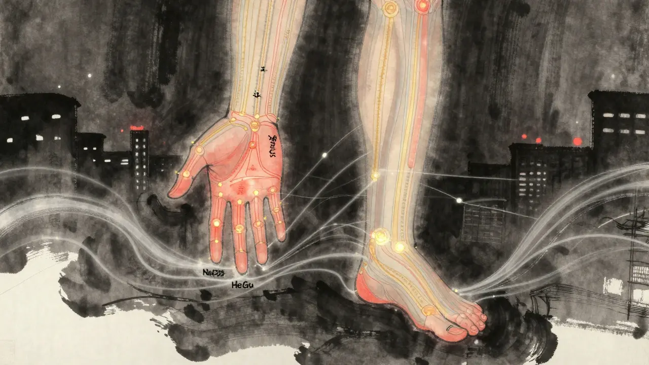 Tělo s viditelnými energetickými cestami spojujícími body akupresury v čínském štětci.