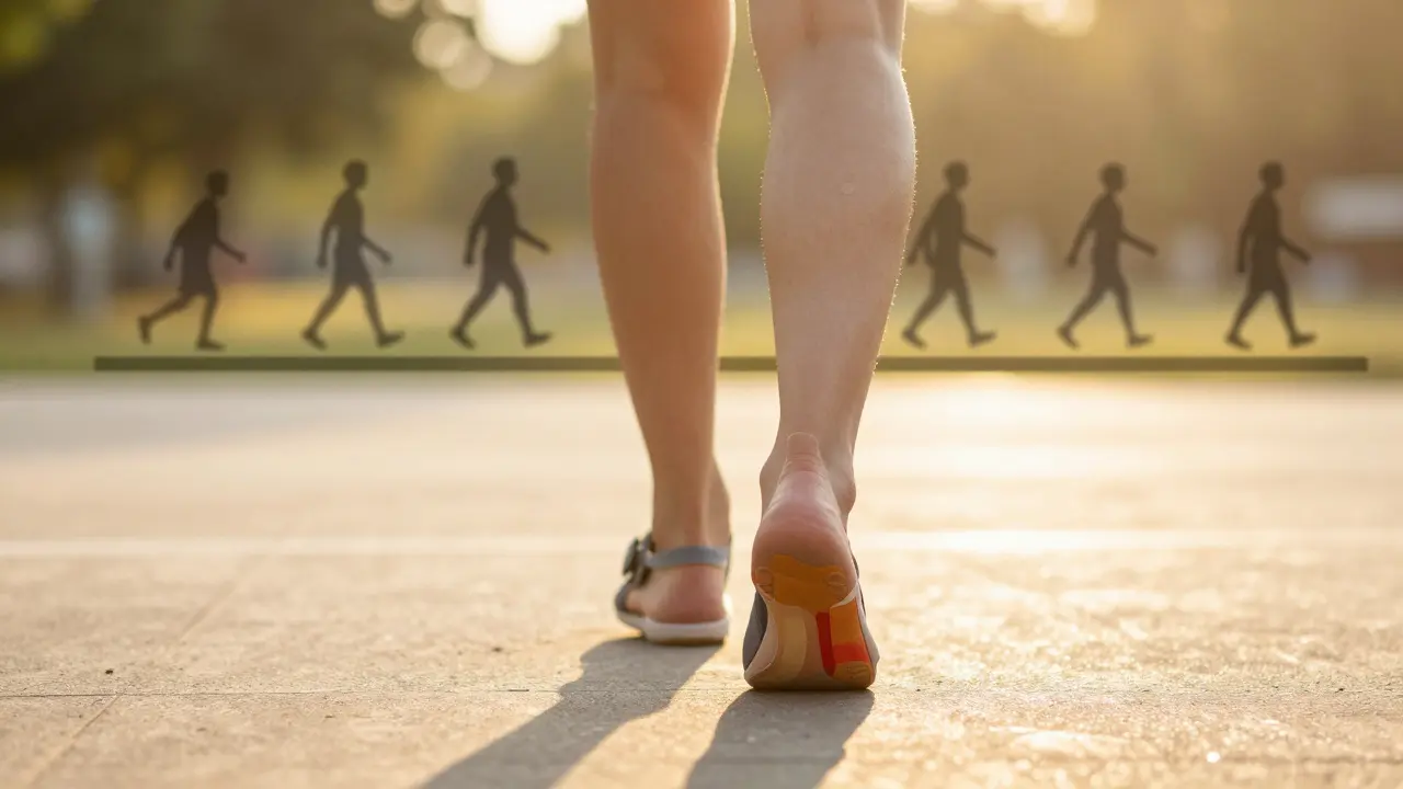 Žena chodí v podpůrných botách s viditelným tejpem na chodidlech.
