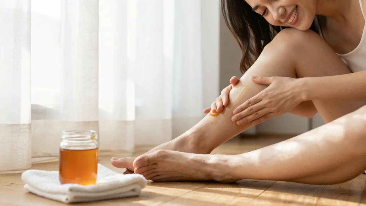 Žena se dotýká hladké kůže po medové masáži, přirozené osvětlení, klidná atmosféra.