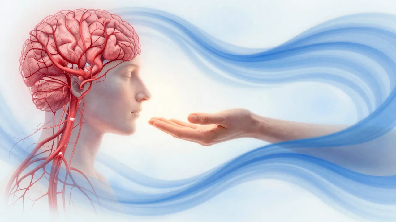 Abstraktní obrázek nervového systému přecházejícího z napětí do klidu s jemnou rukou nad tělem.