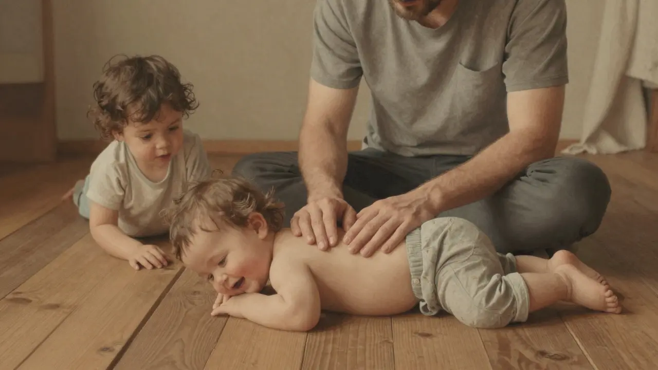 Otec masíruje batoláti záda, druhé dítě pozoruje z blízka.