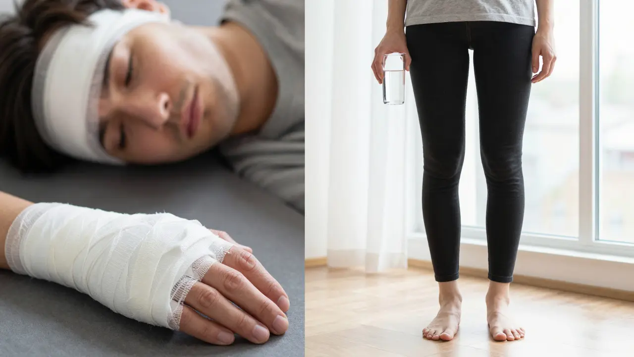 Pacient po lymfatické masáži: zleva otok a únavu, zprava obnovu pohybu a klidu.