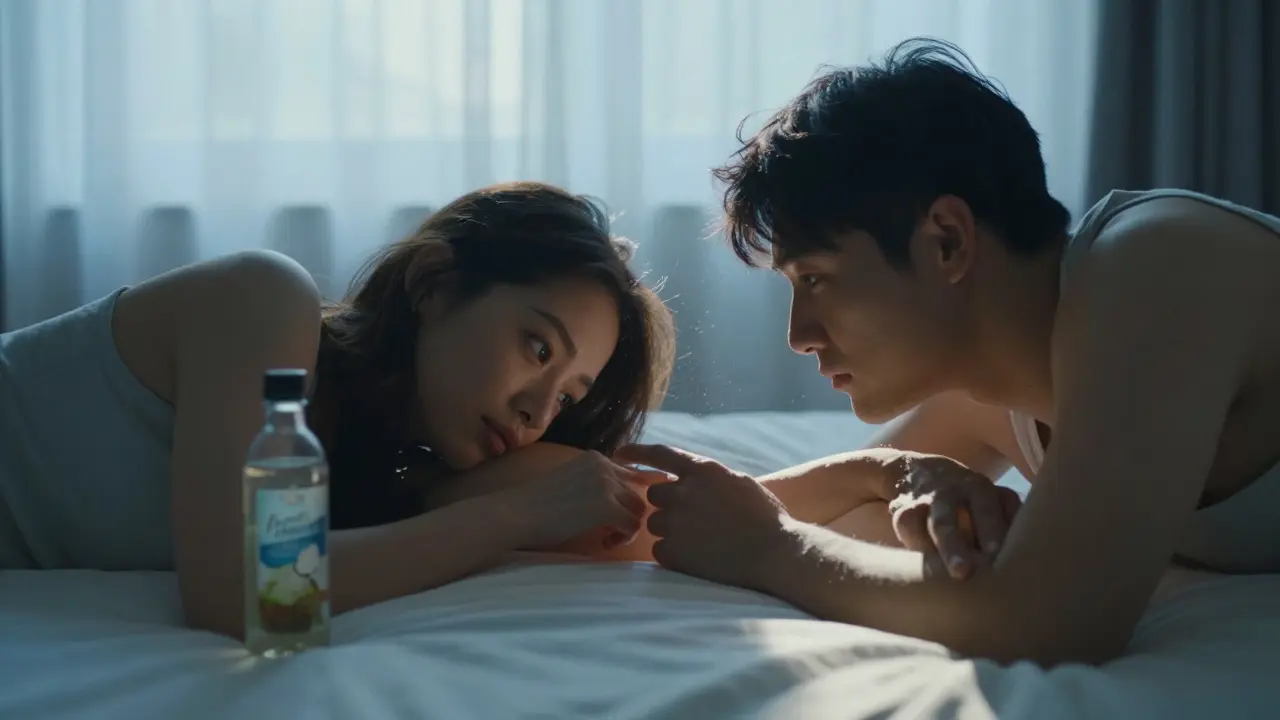 Pár leží vedle sebe, jeden pomalu dotýká druhého paže v klidném, měkkém světle.