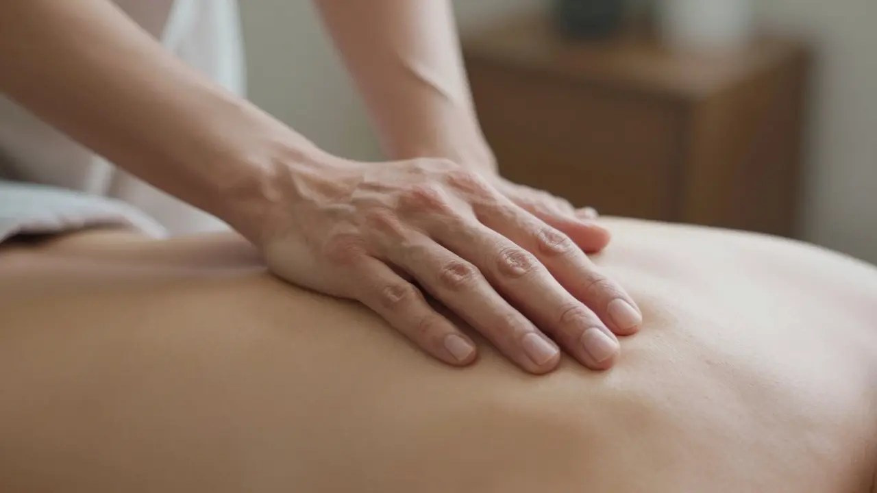 Ruka terapeuty jemně leží na hrudníku klienta, bez tlačení, jen v přítomnosti.