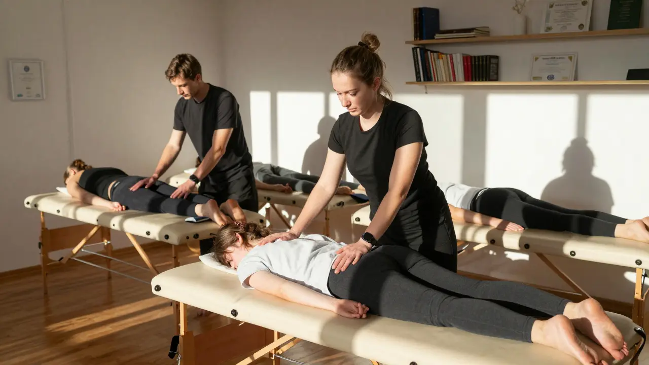 Studenti se učí Breussovou masáž pod dohledem učitele v masérské škole v Praze.