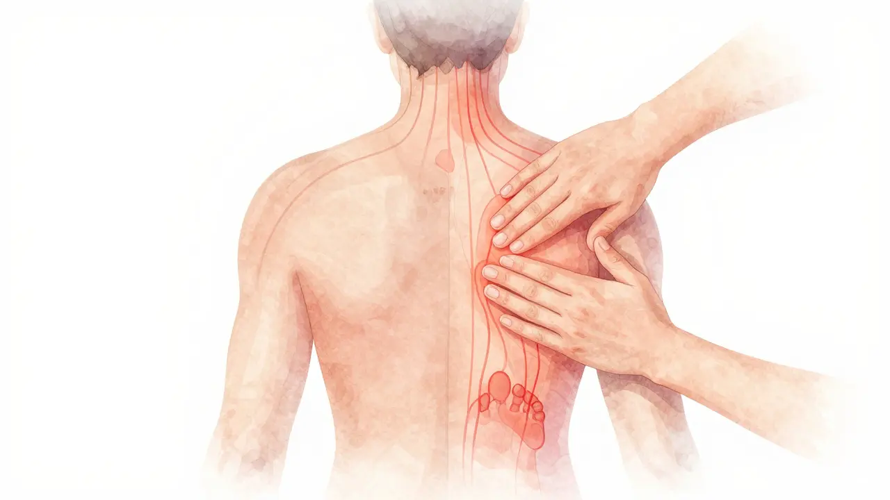 Transparentní znázornění napětí v těle spojující bolest krku s kyčlí a chodidlem.