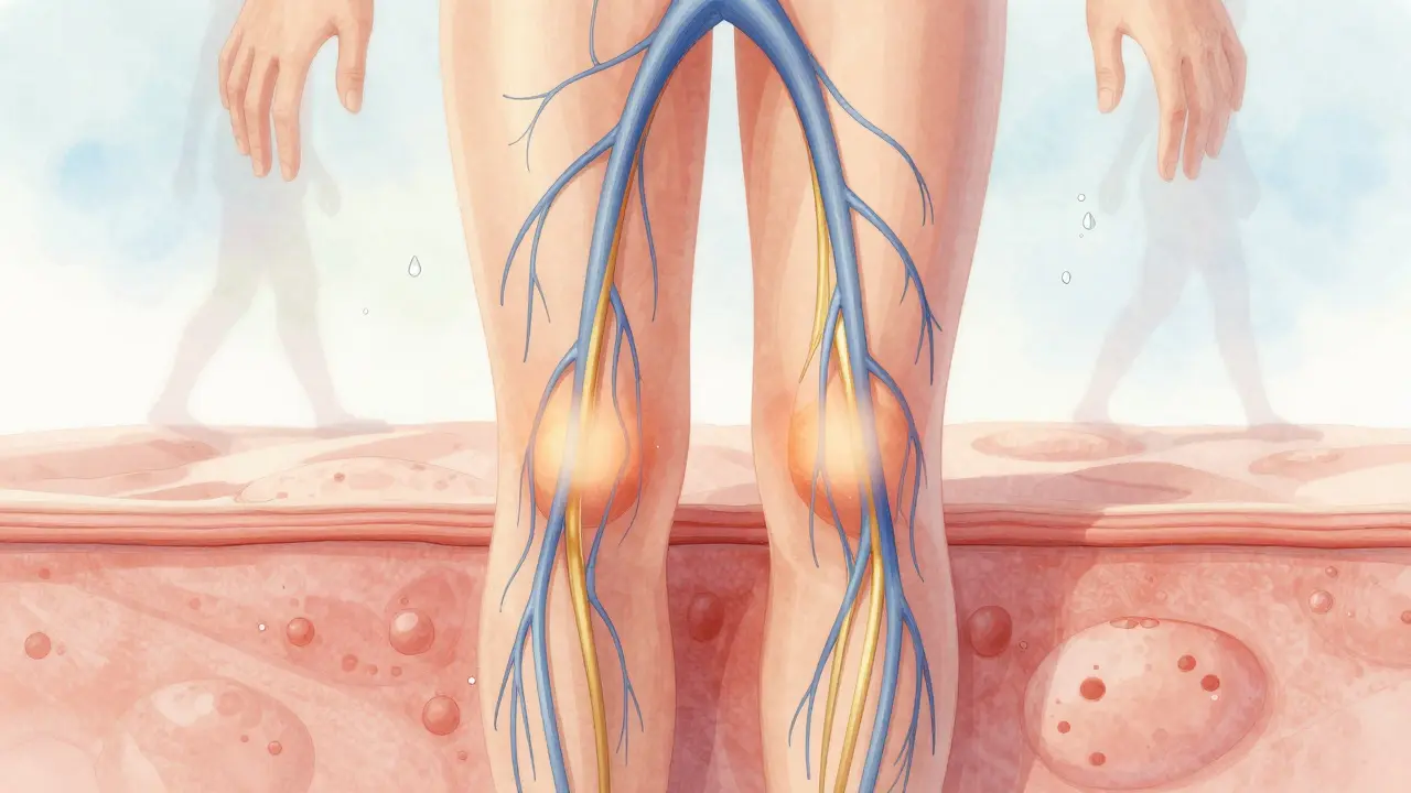 Abstraktní znázornění lymfatického toku pod kůží s tepelnými body tlaku a vodními kapkami.