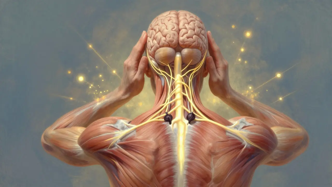 Ilustrace ukazuje, jak napětí v zádech ovlivňuje trigeminální nerv a migrénu.