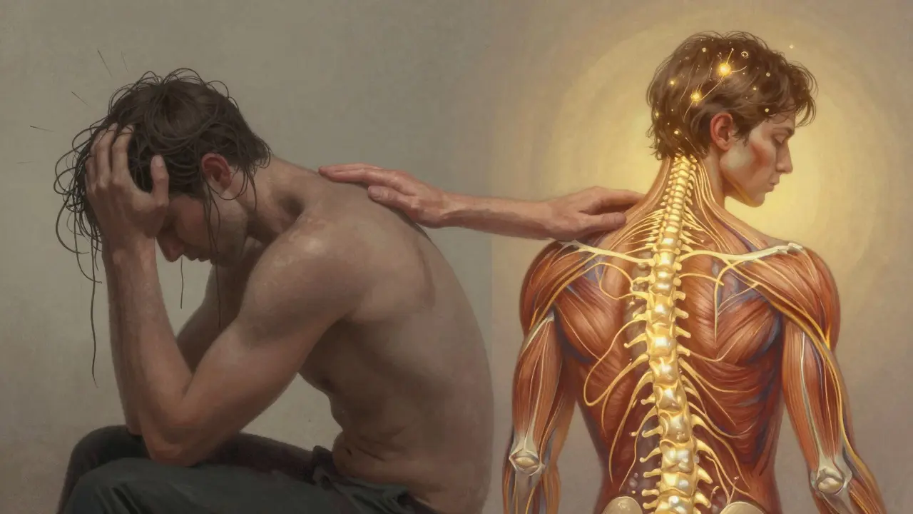 Konceptuální obrázek ukazující přechod od stresu k klidu: napjaté tělo na jedné straně, uvolněné s paprskem světla na druhé.