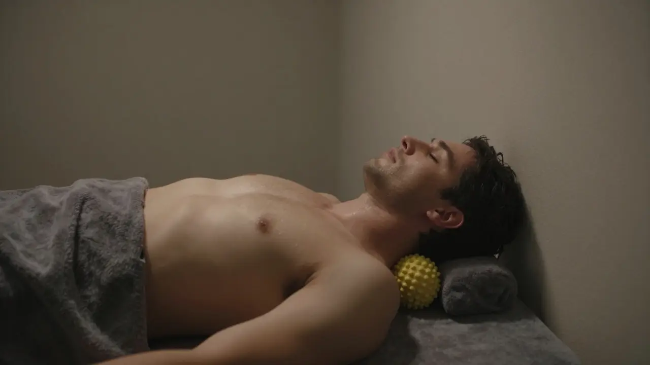 Malý míček tlačí na základnu krku proti zdi při uvolnění napětí.