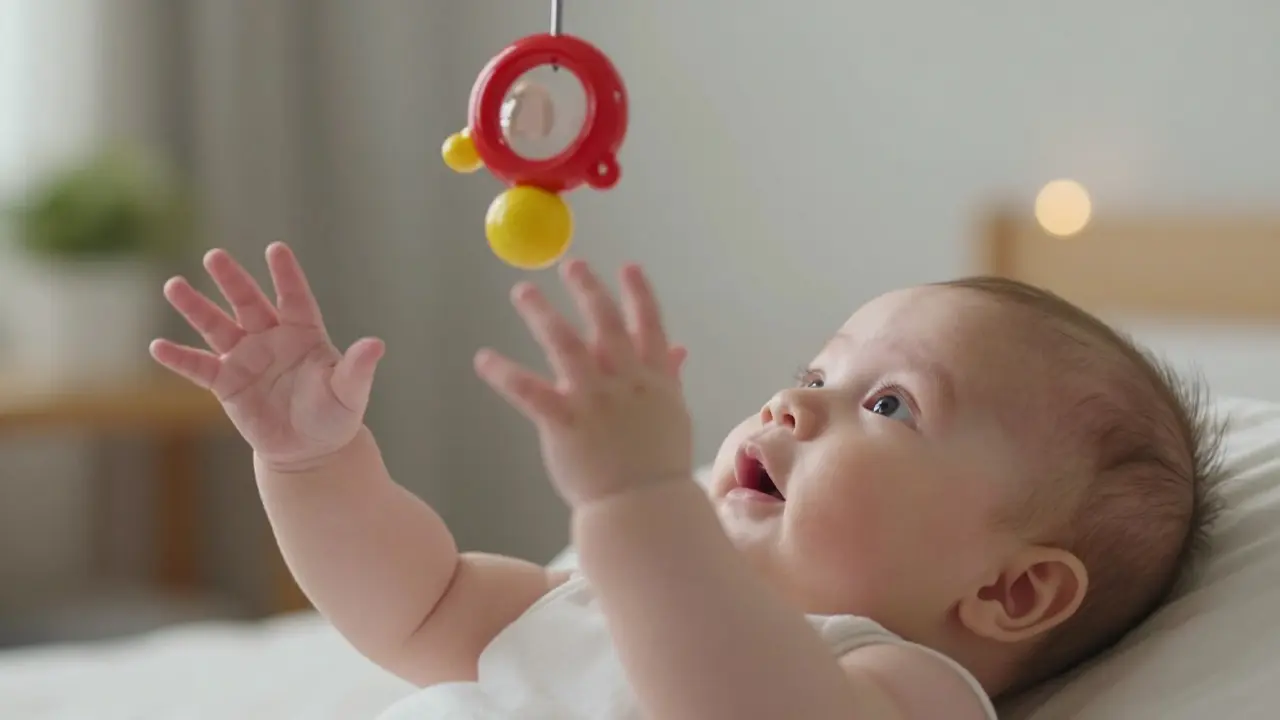 Miminko sleduje pomalu pohybující se barevnou hračku ležící na zádech.