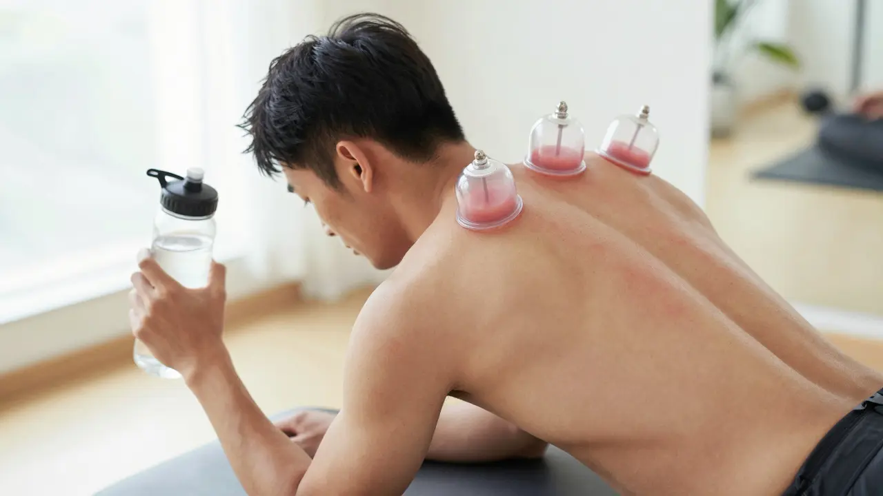 Moderní sportovec s černými skvrnami po baňkách na rameni a zádech v jasné wellness místnosti.