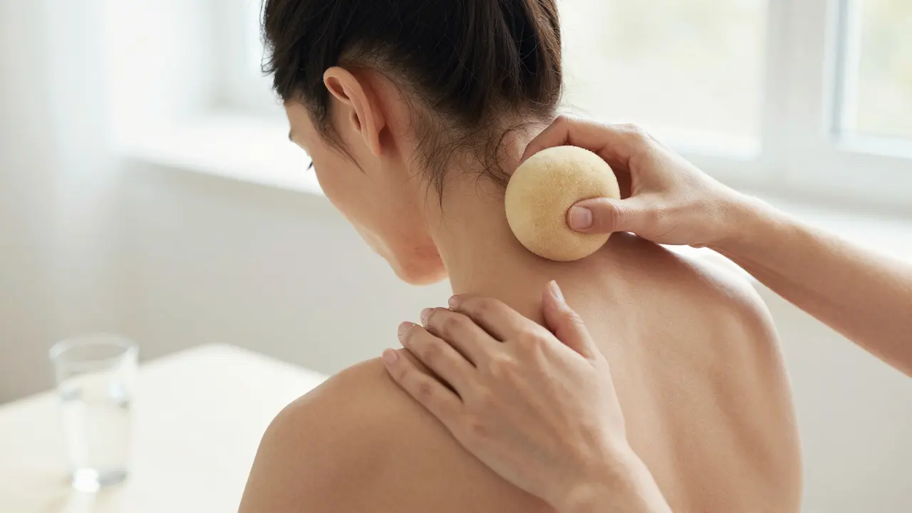 Osoba si dělá domácí antimigrenózní masáž na klíční kosti a tempích při denním světle.