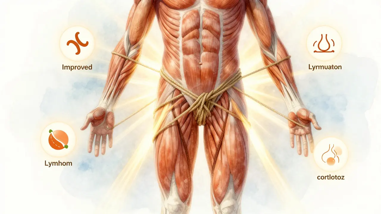 Přehled lidského těla s napnutými svaly, které se uvolňují pod vlivem světla a přirozeného hojení.