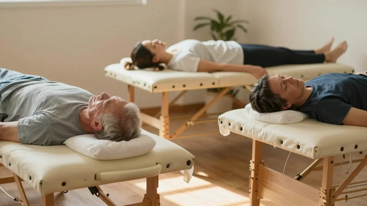 Tři lidé během rehabilitační masáže v klidné místnosti, každý v klidu, teplé osvětlení a jemné stíny.