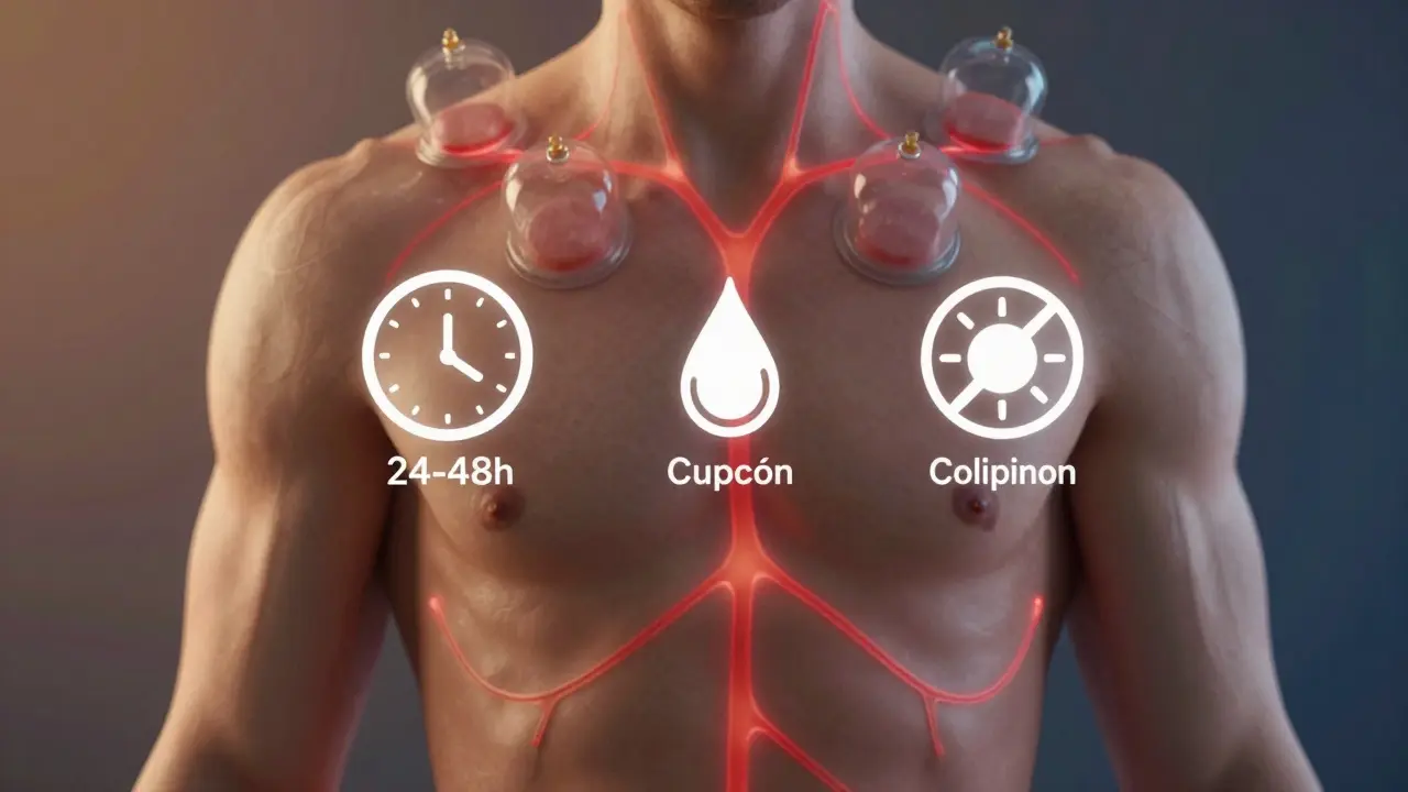 Abstraktní znázornění zvýšeného krevního oběhu po baňkování s symbolickými prvky.