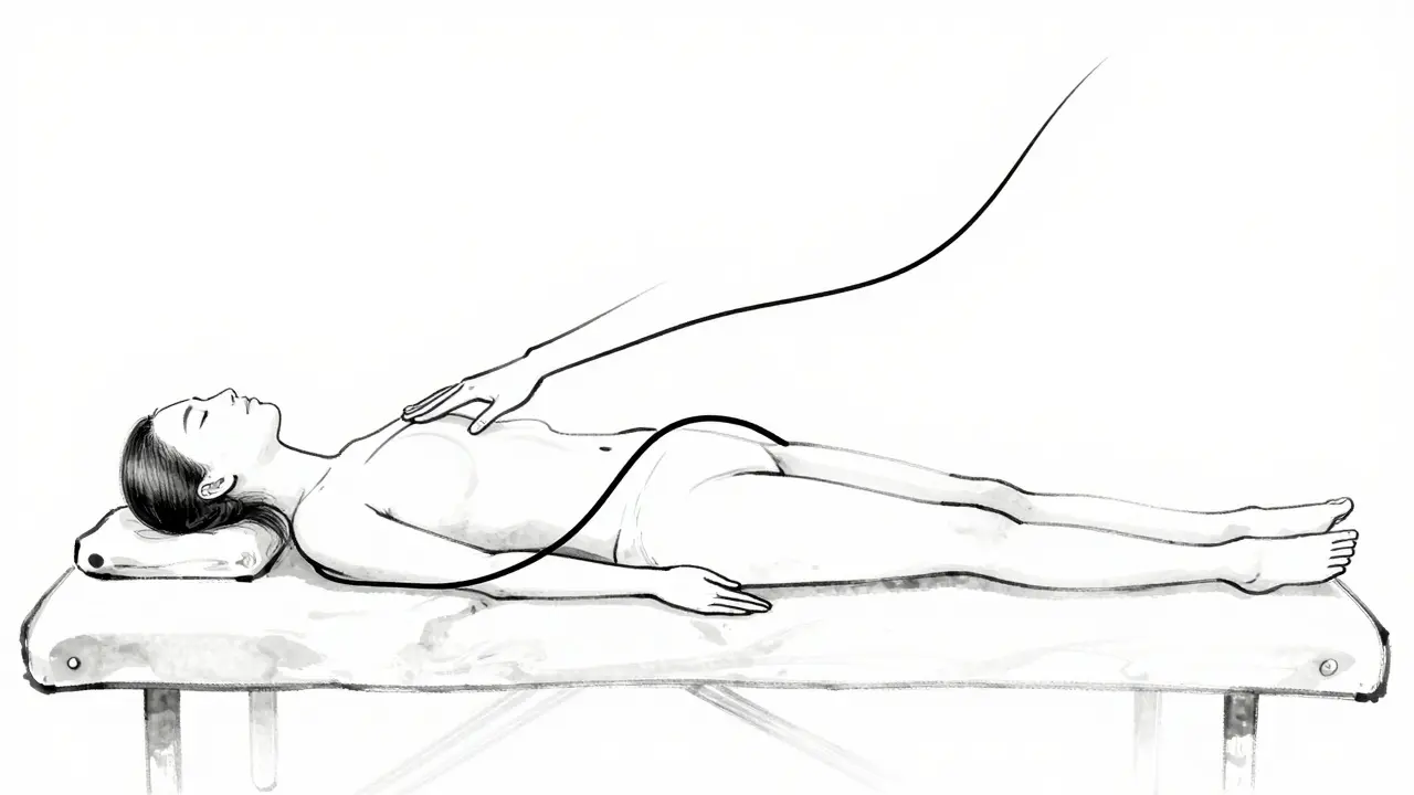 Jedna spojitá čára znázorňuje pohyb ruky během plošky — od krku po patách — jako symbol klidu a kontinuity.